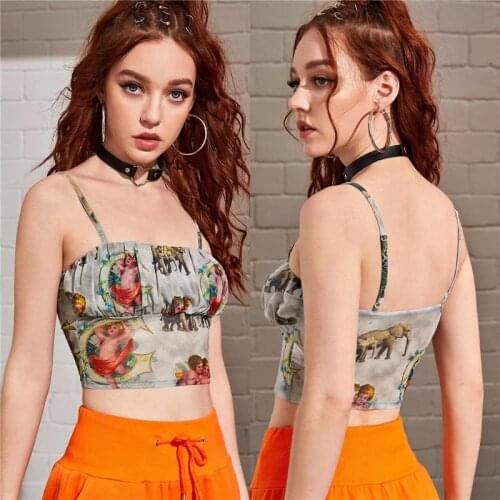 Y2k Aesthetic Sexy Mesh Angel Pattern Crop Top Corset Sleeveless Tank Harajuku Gothic Vest Bustier Camis Spaghetti 2021