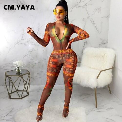 CM.YAYA Women Jumpsuit Mesh Pritn Full Sleeve Stand Collar Zipper Stretchy Skinny Pencil Jumpsuits Sexy Fashion Outfits Autumn