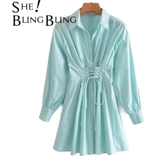 SheBlingBling Beauty 2021 Summer Womens Shirt Dress Light Green Waist Belted Open Back Short Cotton Shirt Female Backless Dress