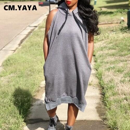 CM.YAYA Women Dress 2021 New for Streetwear Slit Sleeveless Hooded Loose Sweatshirt Style Active Grey Dresses