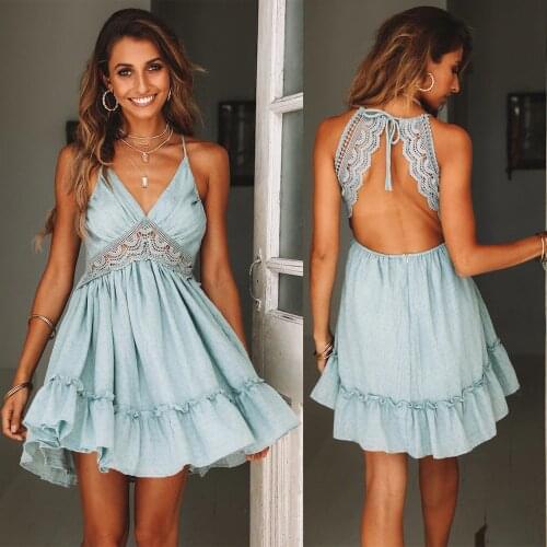 Sexy Backless Dress Women Sunmmer Sleeveless Women Dress Solid Lace Patchwork Elegant Party Dress Women Bandage Beach Dress