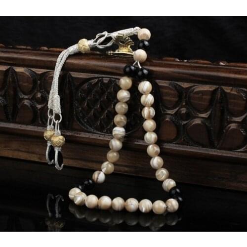 33 Beads Seashells and Onyx Muslim Prayer Tasbih Misbaha Islamic Jewelry Subha Capsule Cut Tassel 925 Caliber Silver