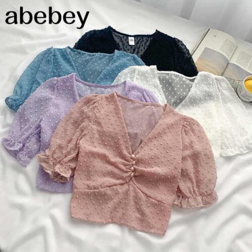 2021 New Summer Sweet All-match V-neck Blouse single breasted ruched slim short Puff Sleeve Shirt Top