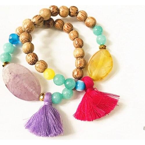 Women ethnic style fashion bracelet hand-woven blue eyes wooden bead tassel pendant arm accessories southeast tribal bangle