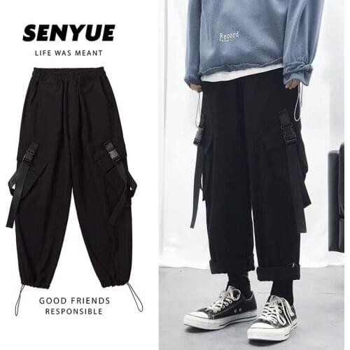 Mens Fashion 2021 Business Casual Pants Outdoor Fitness Sweatpants Men Jogger Black Plus Size Pockets Rope Buckle Decoration