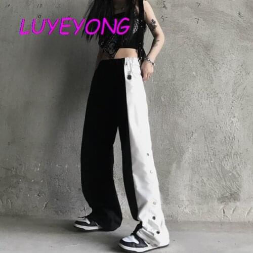 Elastic Waist Button Cool Women Trouser Gothic Streer Lady Outdoor Long Pants Black White Contrast Color Harajuku Pant Clothes