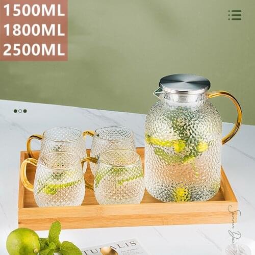 Cold Water Carafe Glass Kettle Large Capacity Jug Home Tea Milk Juice Coffee Pot with Small Cups Bamboo Lid 1350ML 1500ML 1800ML