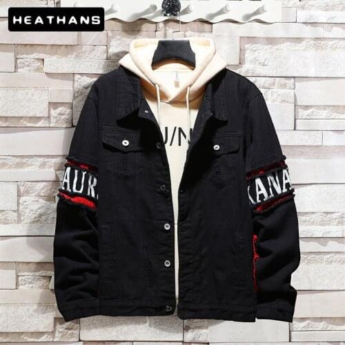 Jean Jacket Mens Printed Color Contrast Denim Jacket Mens Spring Autumn Loose Fashion Outer Wear Long-sleeved Men Denim Jackets