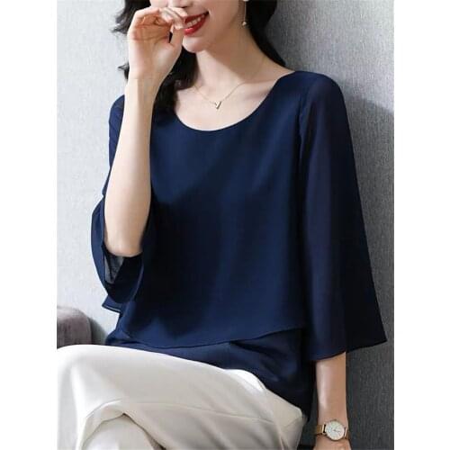 10-Color Elegant Womens Three Quarter-Sleeved Shirt O-neck Loose Large Size Chiffon Shirt Solid Tops Plus Size M-8XL