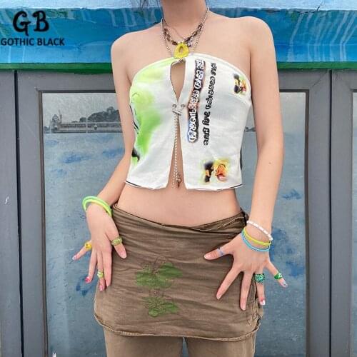 Gothblack Tank Top Chain Halter Fashion Printed Sexy Slim Slash Neck Vest Hollow Out Panelled Split Tie Dye Streetwear Backless