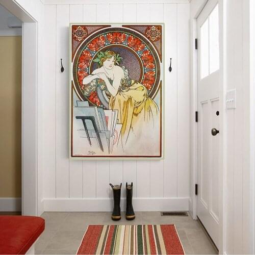 Citon Alphonse Mucha《Girl With Easel》Canvas Oil painting Artwork Poster Picture Wall Decor Modern Home Living room Decoration