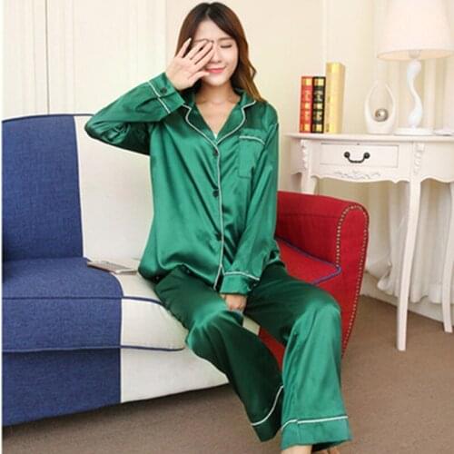 2 Piece Autumn Women Sleepwear Faux Silk Satin Set Long Sleeve Sleepwear Pajamas Suit Cardigan Female Homewear