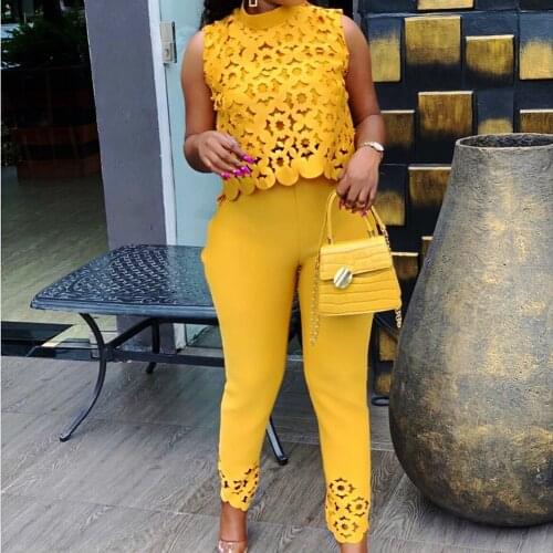 Two Pieces Set Casual Woman Summer Sexy Hollow Out Sleeveless Tank Tops And Bodycon Pencil Pants African Fashion Slim Lady Suit