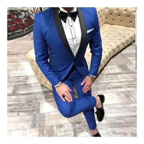 New Fashion One Button Blue Groom Tuxedos Groomsmen Shawl Lapel Mens Suits Blazers (Jacket+Pants+Tie) W:795