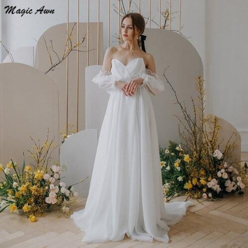 Magic Awn Simple Chiffon Wedding Dresses Boho Detachable Puffy Sleeves Bow Sash Beach White Mariage Gowns Robe De Mariee