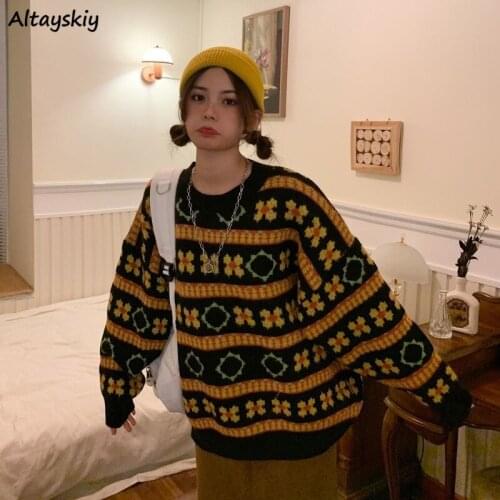 Geometric Pullovers Women Japanese Style Chic Leisure Loose BF Unisex Streetwear College Students Harajuku Female Sweaters Ins