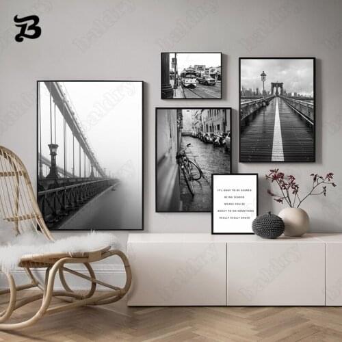 Retro Landscape Posters and Prints Wall Art Nordic Bridge Street Lotus Quote Canvas Painting Wall Pictures for Living Room Decor