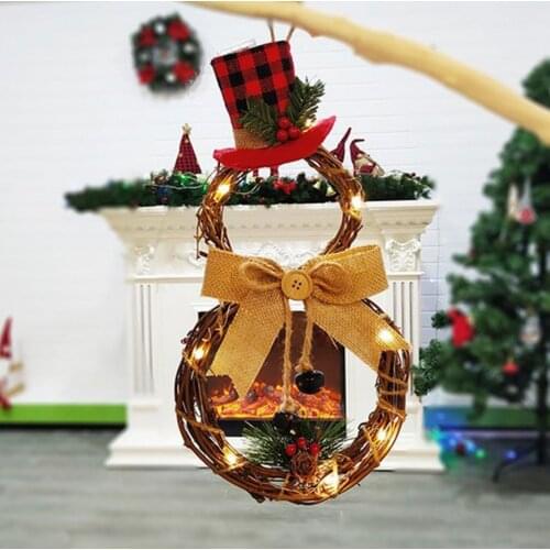 Christmas LED Garland Plant Rattan Linen Check Cloth 20LEDs Snowman Christmas Garland Xmas Home Outdoor Party Hanging Decoration