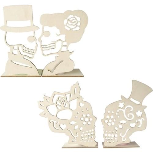 Halloween Mr & Mrs Skeleton Head Ornament Light Up Table Decor Centerpiece DIY Wooden Skull Pendant Party Supplies Desktop Decor