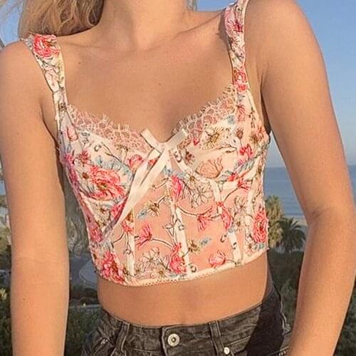 2021 Ladies Summer Sexy Midriff-baring Camisole Girls Creative Floral Printing V-neck Lace Splicing Mesh Tops Slim Base Shirt