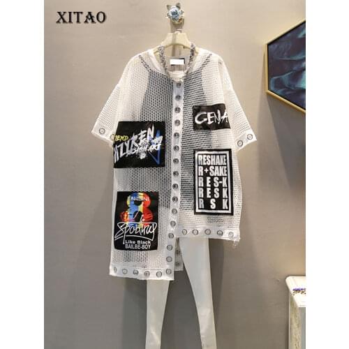 [XITAO] Women 2019 Summer Korea Fashion O-neck Short Sleeve Loose Tee Female Letter Print Patchwork Hollow Out T-shirt WBB3401