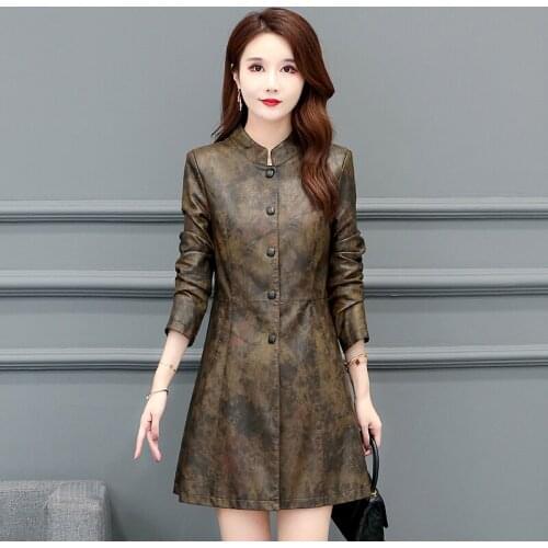 Women Elegant Faux Leather Jackets Retro Floral Printed Pu Leather Coat Ladies Soft Faux Sheepskin Windbreaker Female Overcoat