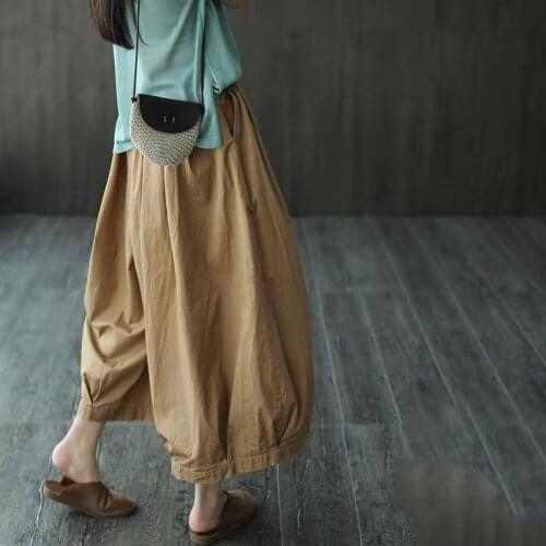2021 New Arrival Summer Arts Style Women Elastic Waist Ankle-length Pants Casual Loose All-matched Cotton Linen Harem Pants W390