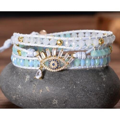 Sparkling Crystals EYE Charm Bracelets Handmade Stones Beaded 3 Strands Women Fashion Jewelry