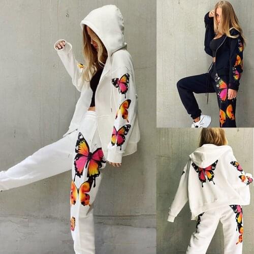 Butterfly Print Tracksuit Women Two Piece Set Spring Autumn Clothes Zipper Hooded Jacket Top and Pants Suit Casual Womens Sets