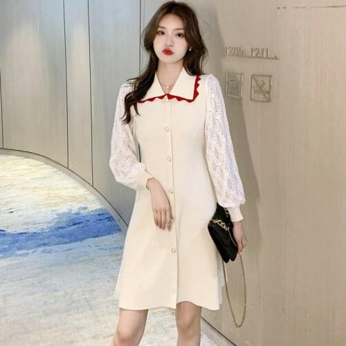 Women Autumn Winter Lace Sleeve Patchwork Knitted Dresses Elegant Vintage Pearls Button Korean Knitting Dress Vestidos