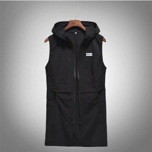 New Trendy MenS Summer Autumn Thin Casual Vest Slim Sleeveless Hooded Zipper Vest Fashion Black Long Section Waistcoat D259