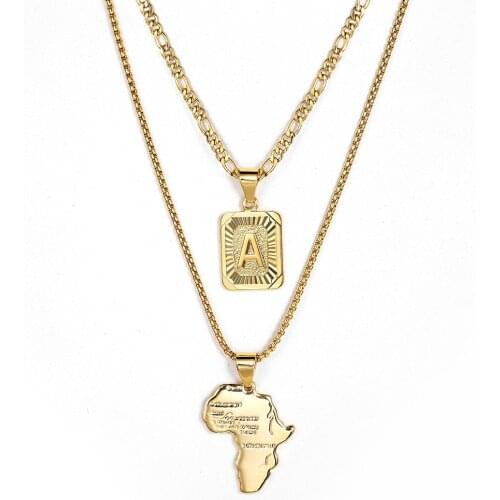 2pcs/set Letter Map Pendants Necklace Figaro Box Link Chain For Women Men Gold Layered Necklace Chic Jewelry Gift