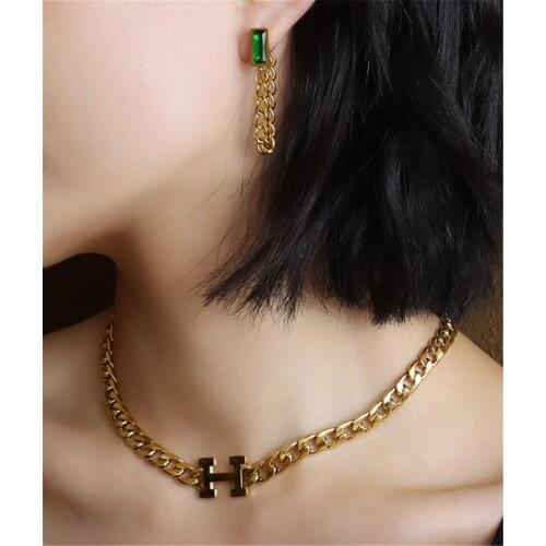 316L Stainless Steel Thick Chain Letter Bracelet Necklace Hip Hop Green Crystal Tassel Chain Earring Set Wedding Jewelry Set