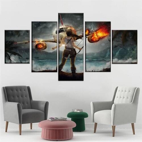 Decoration Wall Living Room Canvas Printed 5 Pieces Game Poster Plane And Lara Pictures Modern Paintings For Boys Bedside Backgr