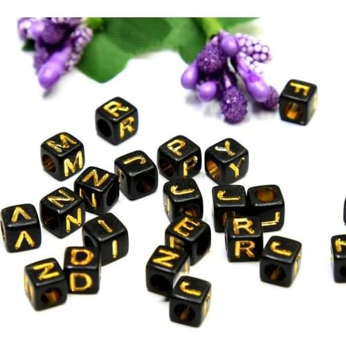 Acrylic Plastic Alpahbet Beads 3200pcs 6*6mm Black with Gold Letters Printing DIY Jewelry Bracelet Spacer Beads Square Alphabet