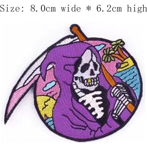 Free Shipping 1pc Purple skull 8cm Wide Iron On Sew For Left Chest/Applique/Scary Face/White Teeth/Twill Badge/Devil/Colorful