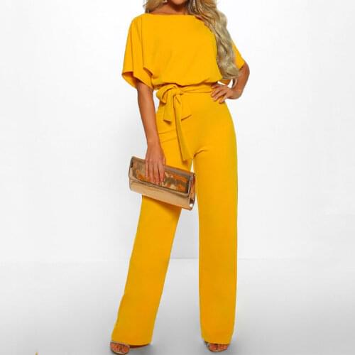 Fashing Summer Black Jumpsuit Women Overalls Elegant Long Plus Size Jumpsuits Female Lace Up Rompers Overalls For Women Yellow