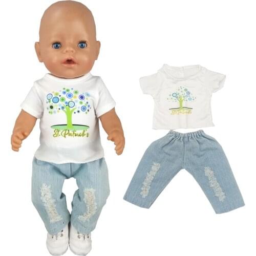 Newborn baby doll tee-shirt ripped jeans trousers 18 inch girl doll clothes white shirt denim pants