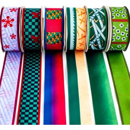 Grosgrain Ribbon Printed Double Faced Kimetsu No Yaiba Japanese Flower Check 10 Yards for DIY Hair Bow