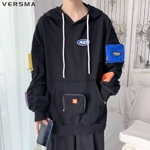 VERSMA Japanese Stylish Long Sleeve Pocket Design Hoodie Sweatshirt Hip Hop Rock Punk Oversize Hoodies Men Pullover Dropshipping