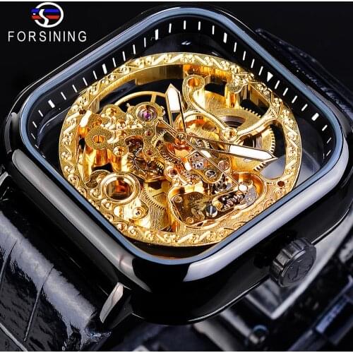 Forsining Luxury Business Fashion Design Golden Gear Movement Mens Automatic Skeleton Wrist Watch Top Brand Luxury Anaglog Clock