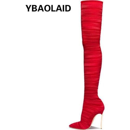 Autumn and Winter New Pointed Metal Stiletto High Heel Over The Knee Long Boots Solid Color Fashion Stretch Boots Fashion Boots