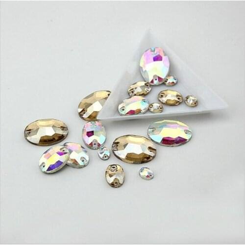 Egg Shape Oval Two Holes Clear,Clear AB, Champagne Glass Sew On Stones For Clothes Bags Shoes Design