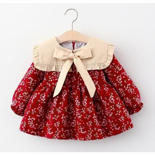 2020 New Baby Girl Floral Dress Long Sleeve Bowknot Vintage Peter Pan Collar Tutu Dresses Flower Costumes Clothes Vestidos