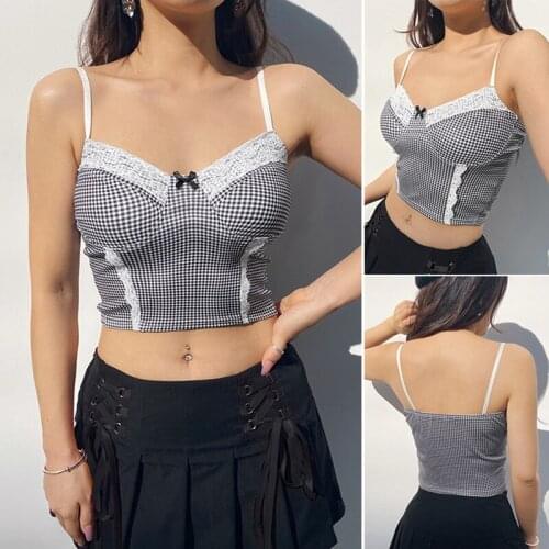Spaghetti Strap Patched Lace Plaid Crop Tops Women Backless Harajuku V Neck Vintage Bow Tops Streetwear