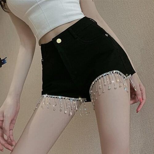 Beads Studded Tassel Hot Shorts Sexy Short Jeans Women Casual Denim Booty Hollow Out Bandage Punk High Waist Slim Black Denim