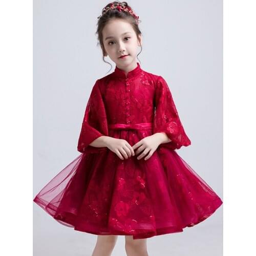 Lovely Flower Girl romantic dress New Red Lace Flower Girl Dress for Wedding Party Childrens Princess Birthday Formal Dresses