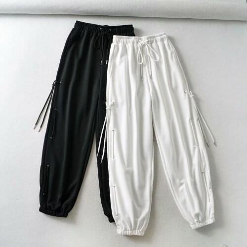 2020 Women High Waist Hip Hop Drawstring Pants Casual Loose Solid Lace Up Elasticity Sweatpant Trousers Korean Female Autumn