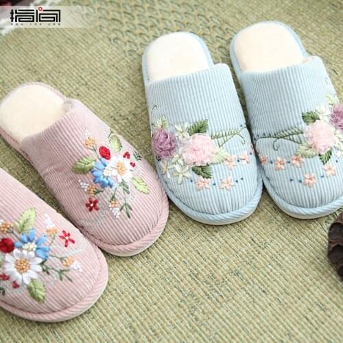 Hand embroidered corduroy couple cotton mop winter warm thick bottom non-slip finished ribbon embroidered home slippers