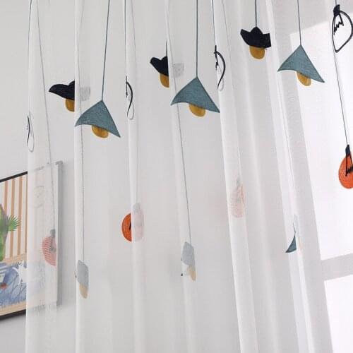 Simple Cartoon Embroidered Thin Curtains, Living Room Bay Window Curtains, White Self-dangling Translucent Curtain Products